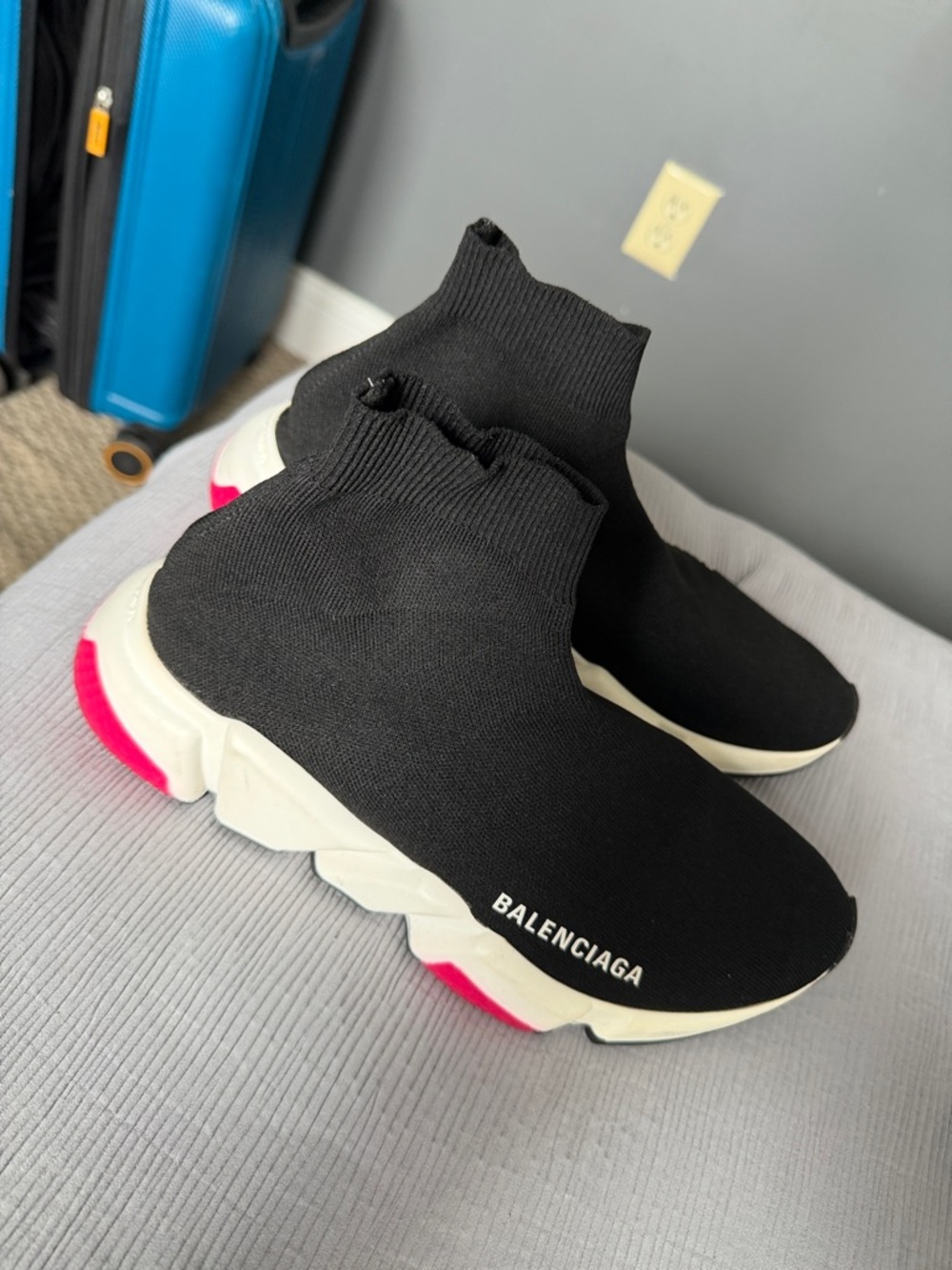 Balenciaga Black Knit Sock Sneakers with Pink Heel Detail